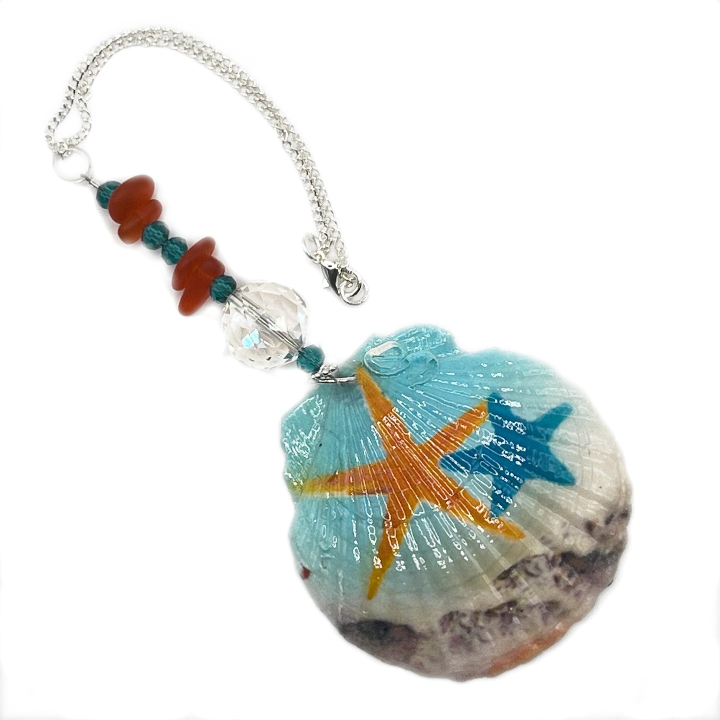 Painted Seashell Sun Catcher – Starfish Design with Sea Glass, Rear View Mirror or Window Decor