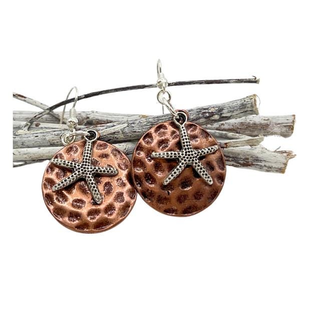 Boho Copper Dangle Earrings – Dragonfly or Starfish Charm, Rustic Handmade Beach Jewelry