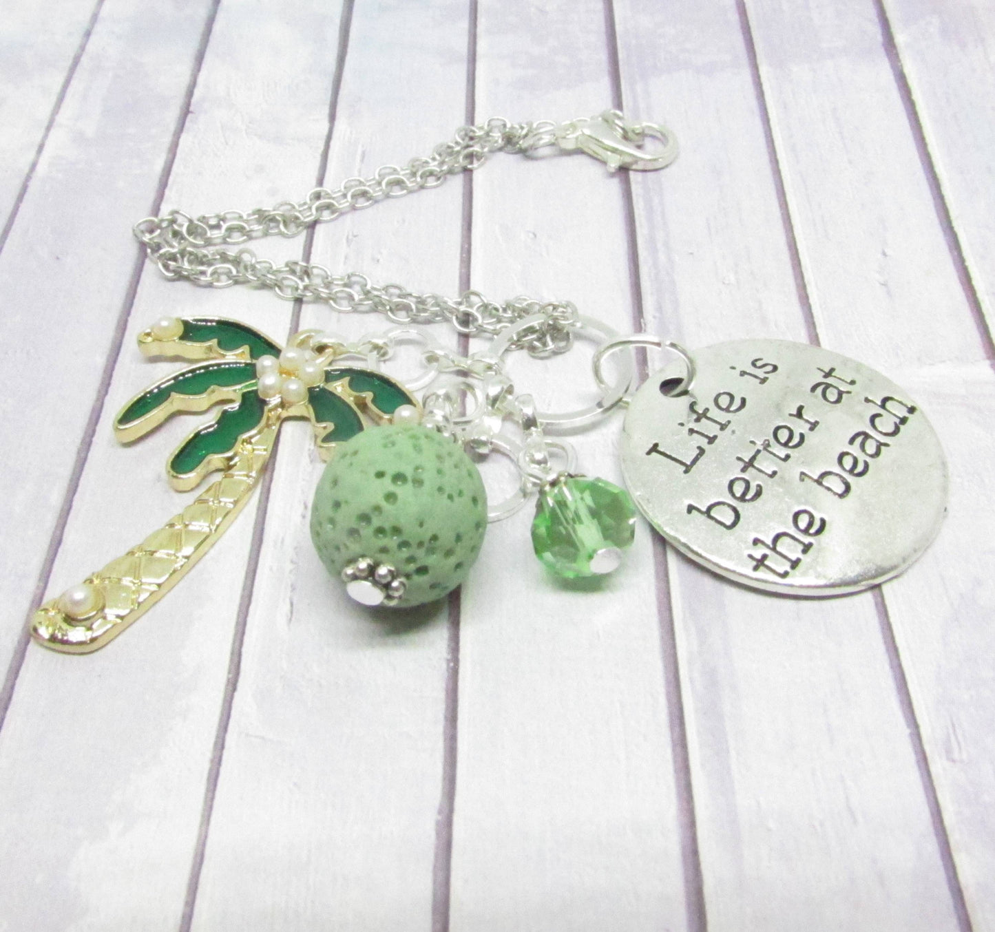 Palm Tree Car Charm – Rhinestone Pendant & Green Lava Bead Diffuser, Tropical Beach Gift