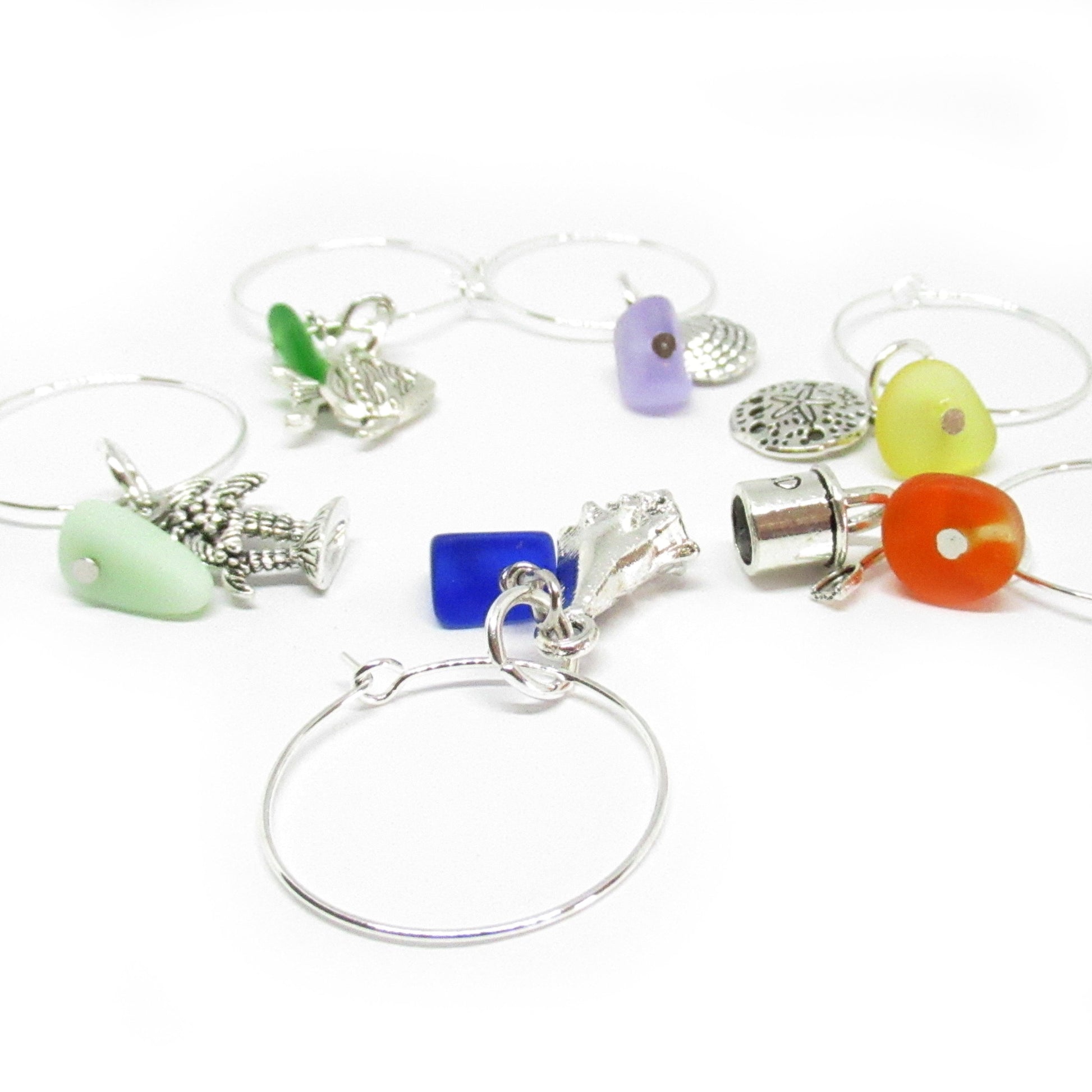 Coastal wine glass charm set with silver beach charms and sea glass beads, beach hostess gift for wine lovers