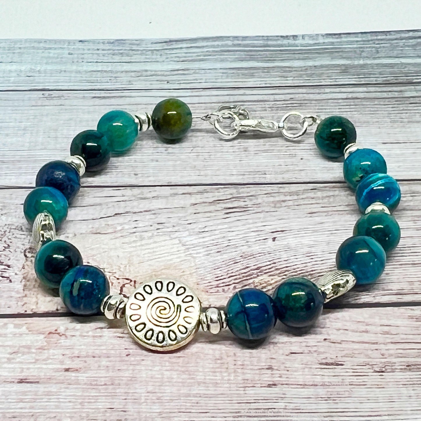 Blue Tiger Eye & Shell Bracelet – Gemstone Coastal Jewelry, Courage & Clarity Gift for Her