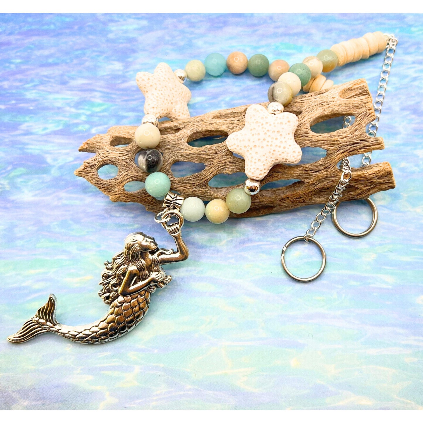 Mermaid Curtain Tiebacks – Amazonite Stone & Lava Bead Aromatherapy Diffuser, Coastal Set of 2