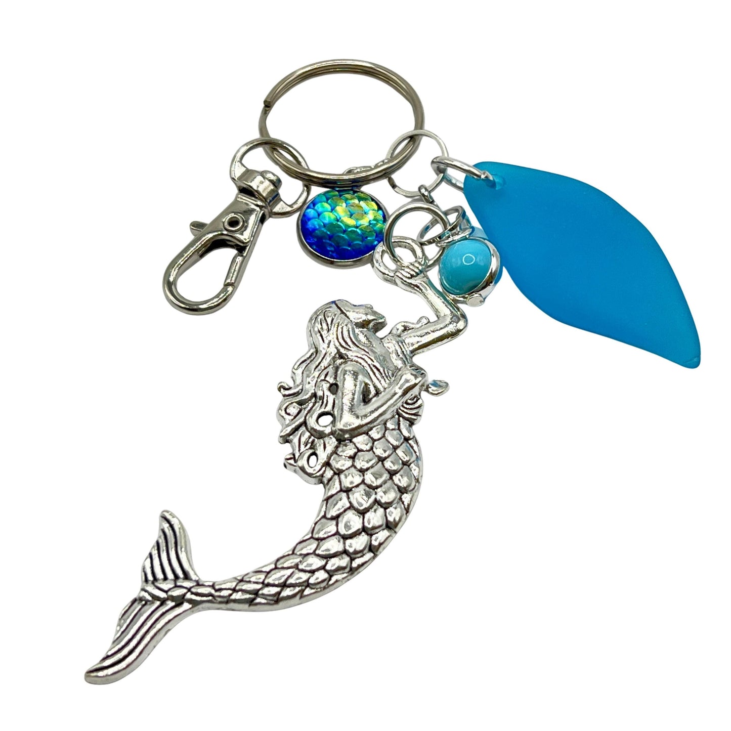 Mermaid Keychain – Large Silver Charm & Blue Sea Glass, Coastal Purse Charm (Keychain or Car Charm)