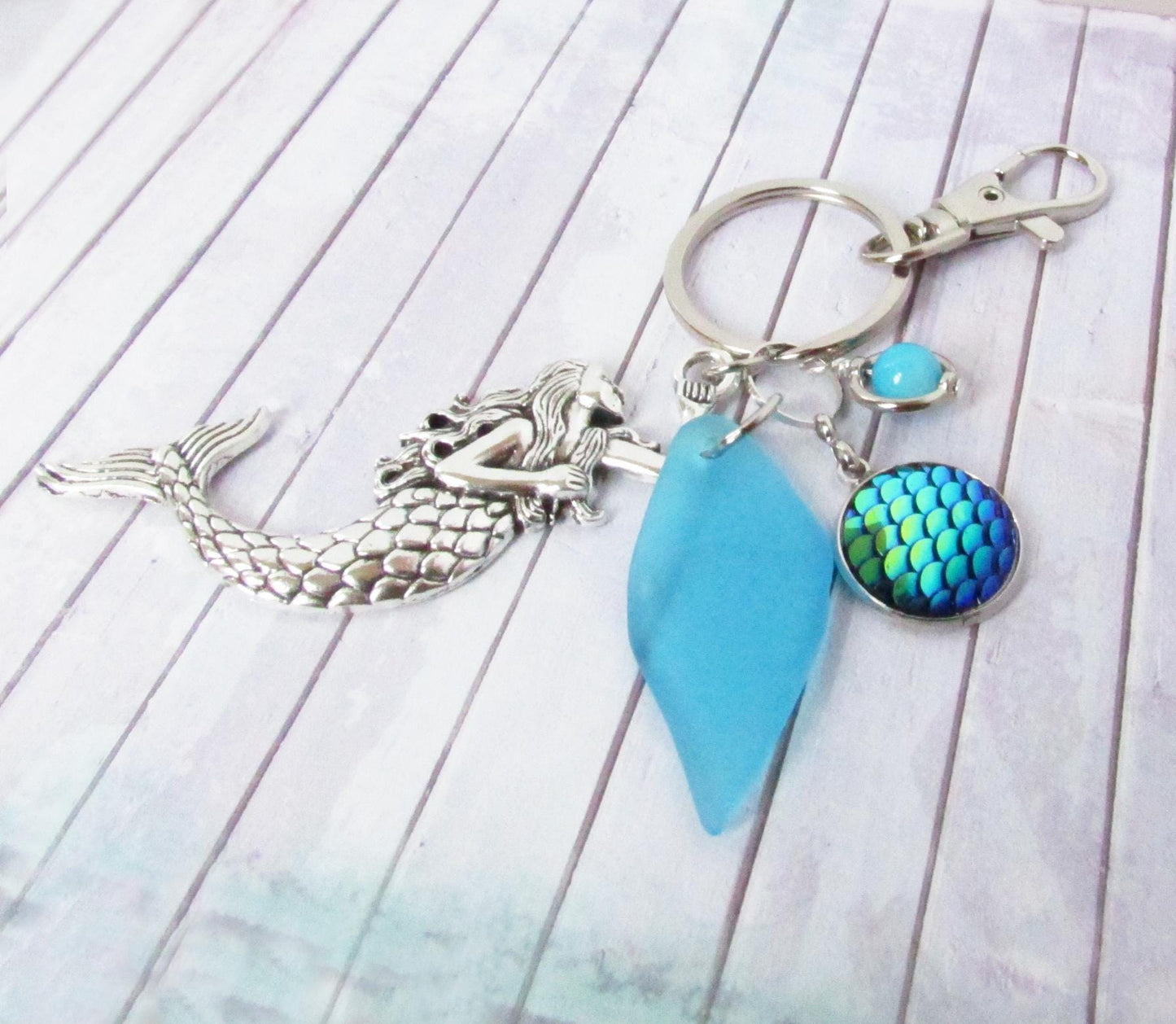 Mermaid Keychain with Sea Glass Charm – Blue or Green, Beach Lover Gift (Keychain or Car Charm)
