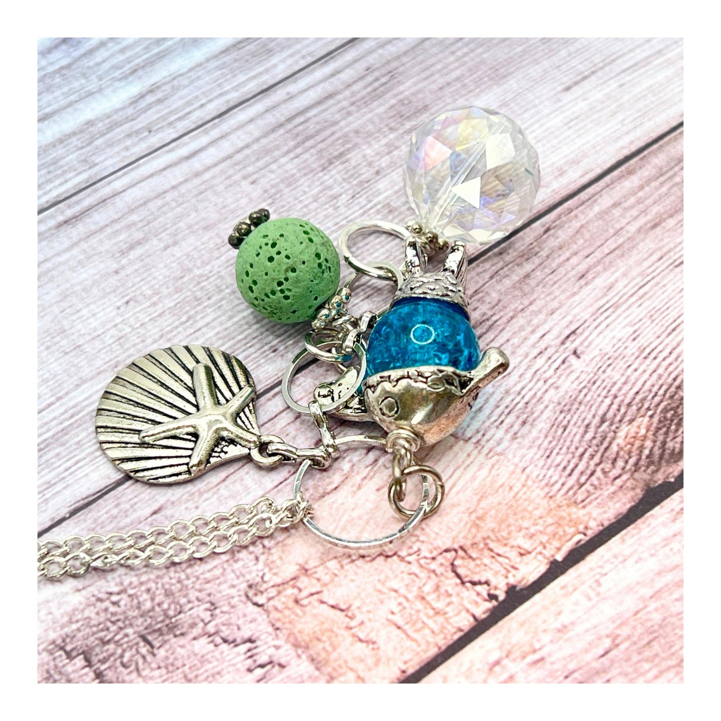 Tropical Car Diffuser Charm – Green Lava Bead & Fish Rearview Mirror Charm, Aromatherapy Car Accessory