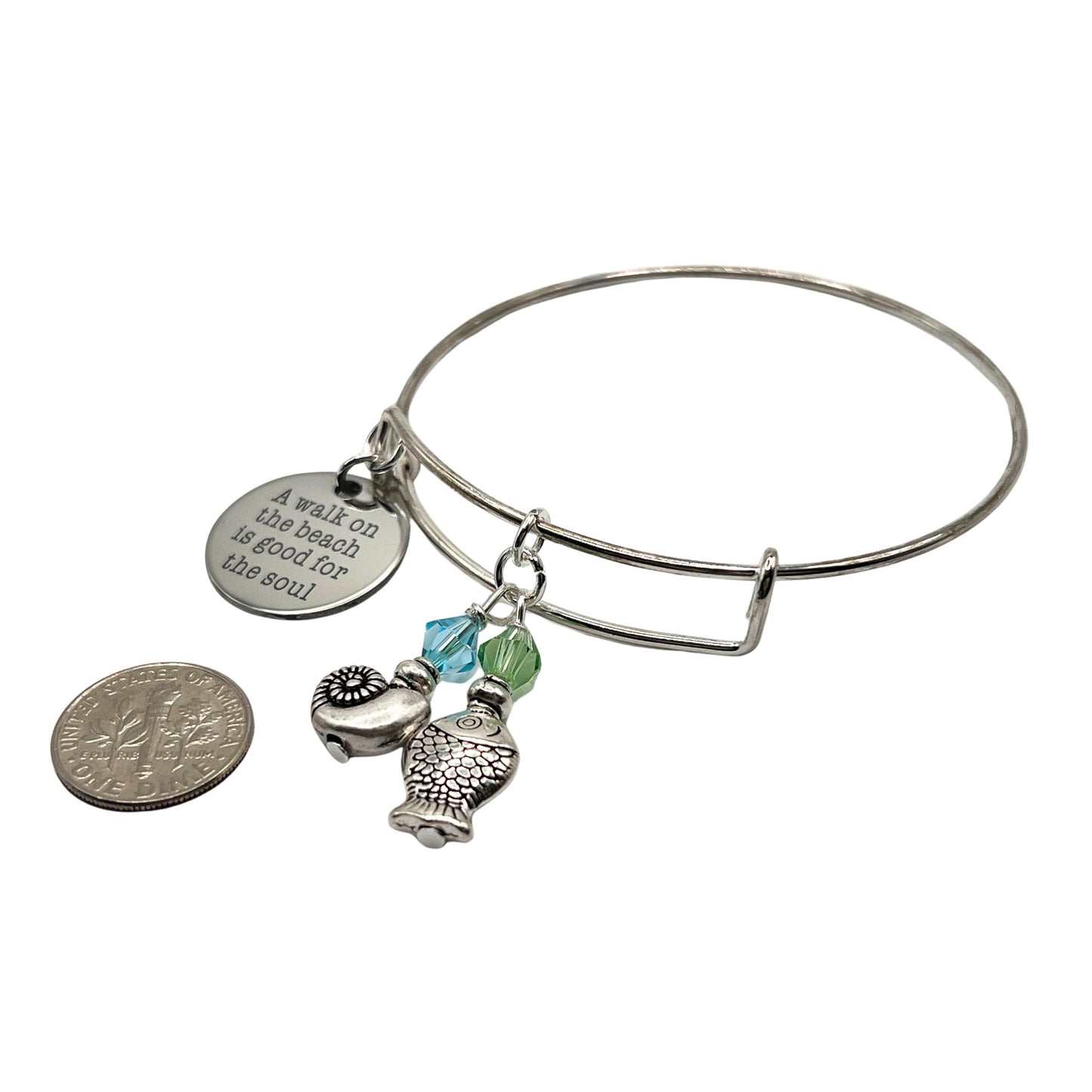 Beach Charm Bangle Bracelet – Inspirational Quote, Snail & Fish Charms, Coastal Gift for Her