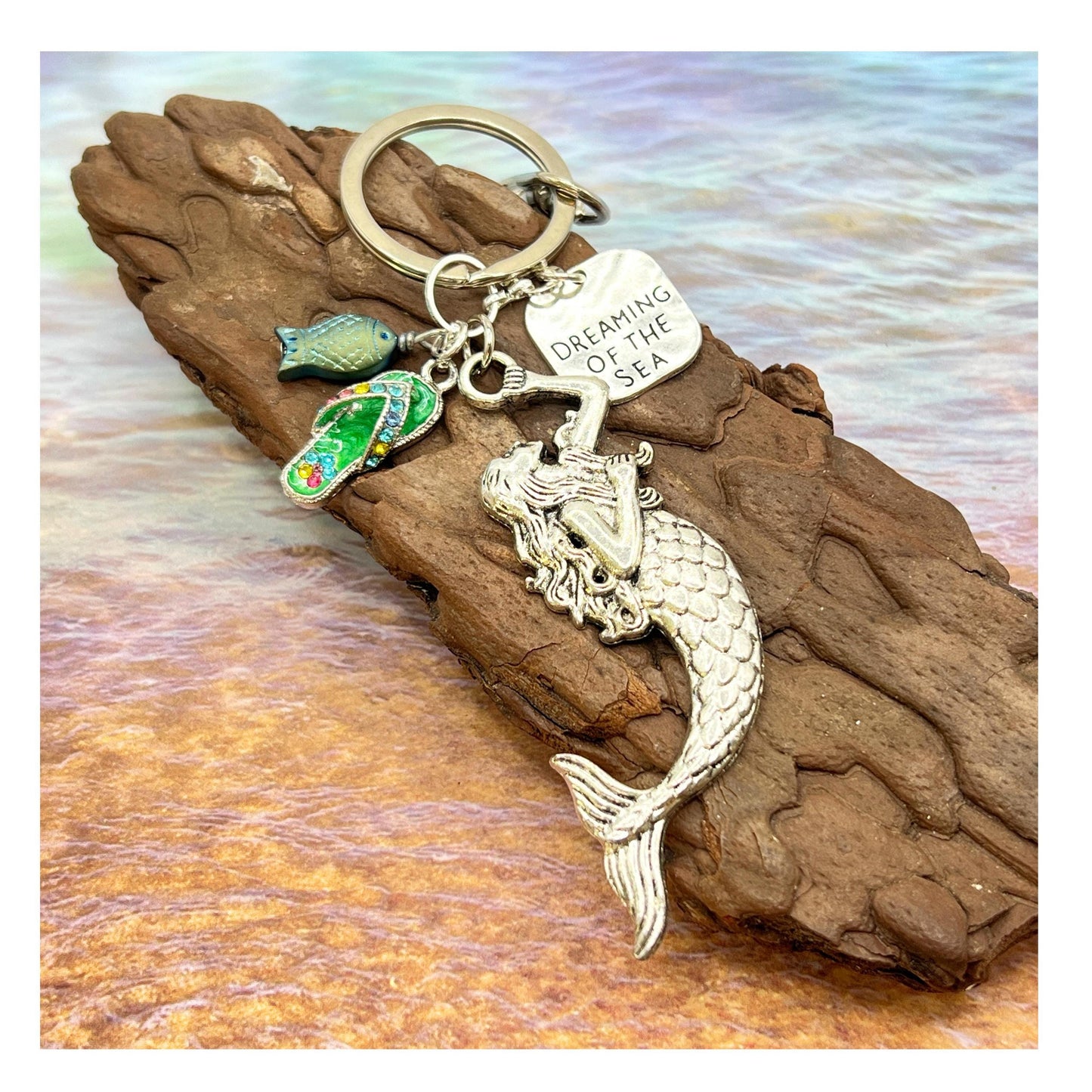 Colorful enamel mermaid and flip flop charm keychain with sea blue glass bead accent, coastal ocean lover gift