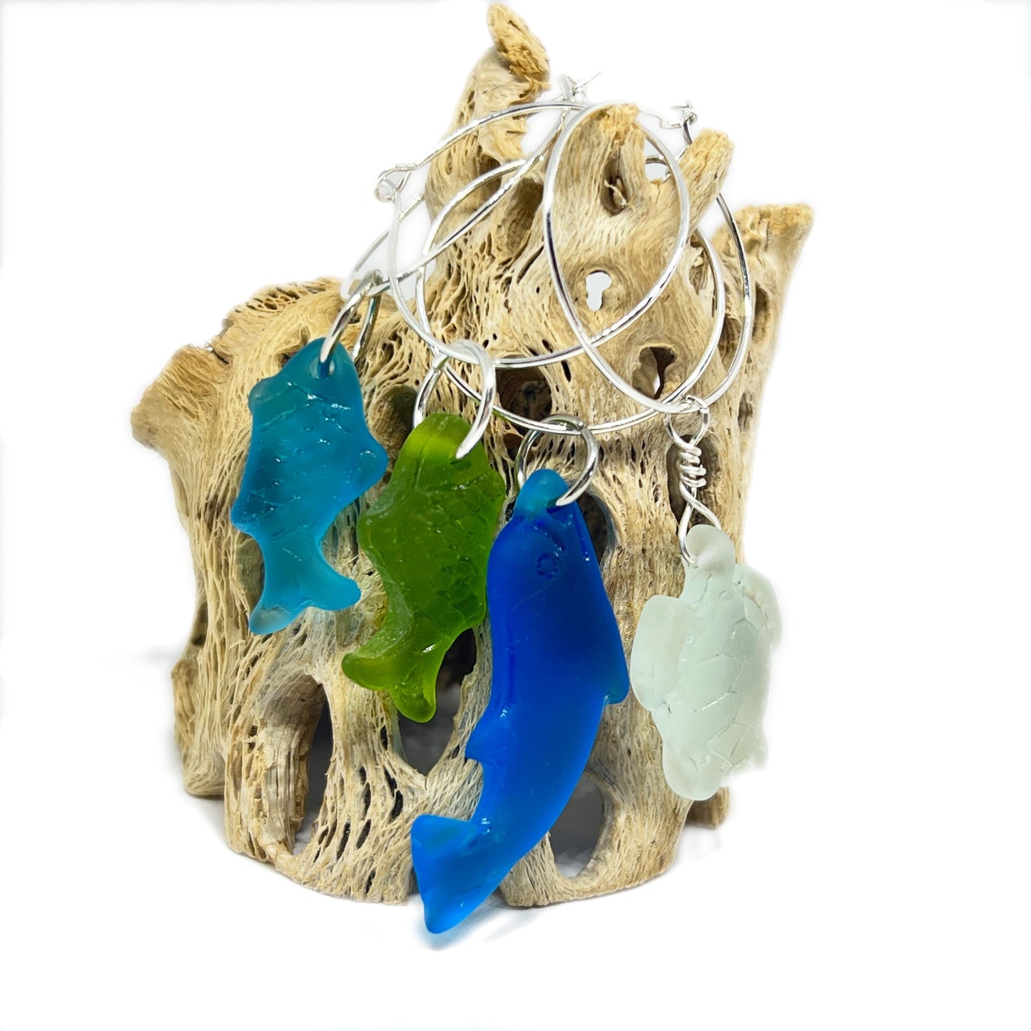Sea Glass Wine Glass Charms – Coastal Drink Markers, Beach Party Decor, Set of 4