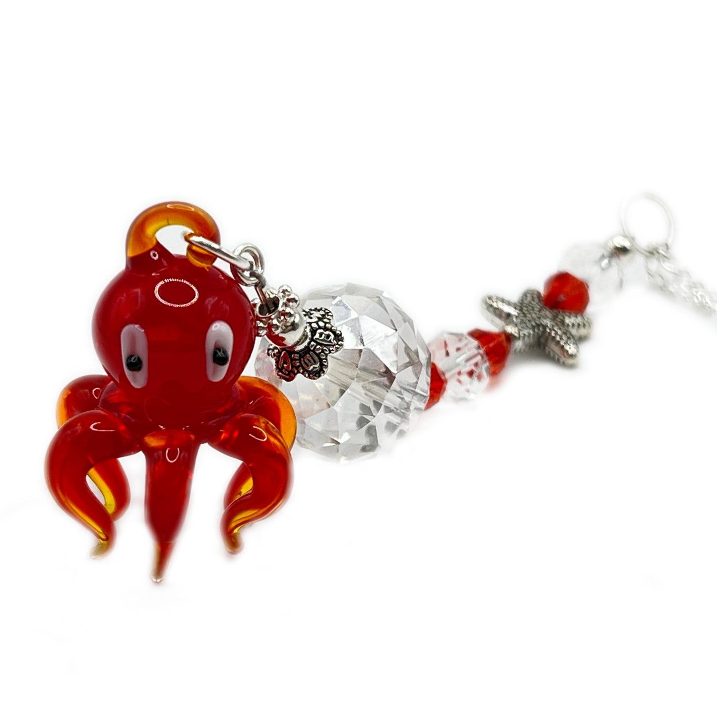 Octopus Car Charm – Red Glass Rear View Mirror Sun Catcher, Handmade Ocean Beach Gift