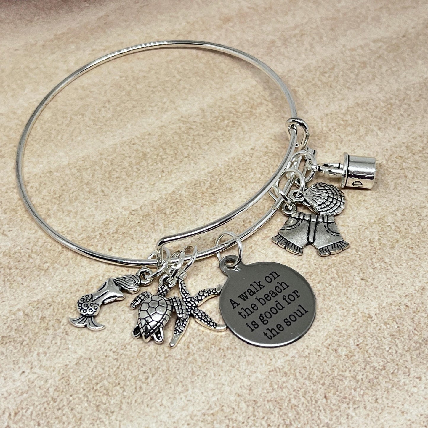Beach Charm Bangle Bracelet – Sea Turtle, Mermaid & Starfish Ocean Jewelry, Coastal Gift