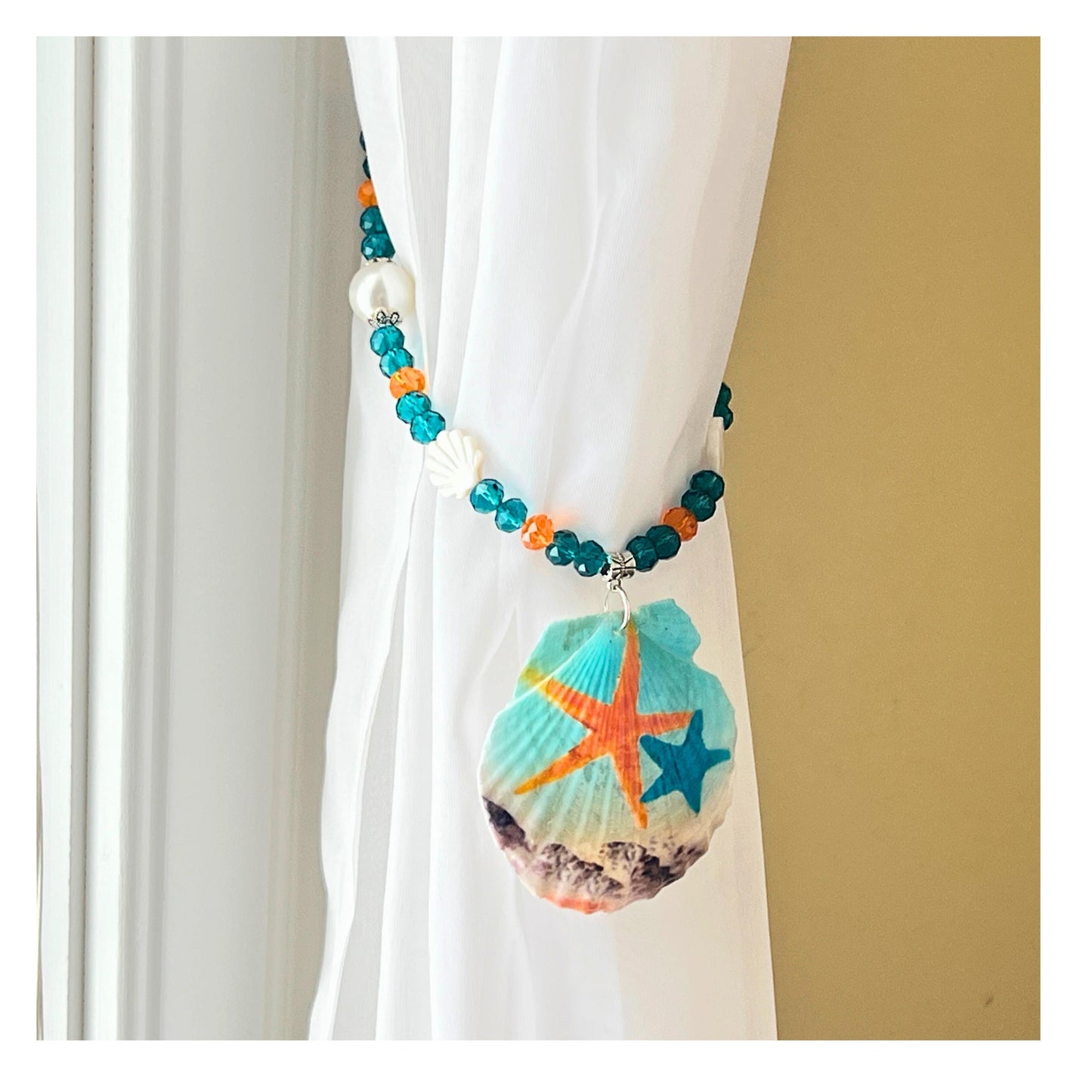Sea Shell Curtain Tiebacks – Hand-Painted Shell Beaded Coastal Home Decor, Handmade Set of 2