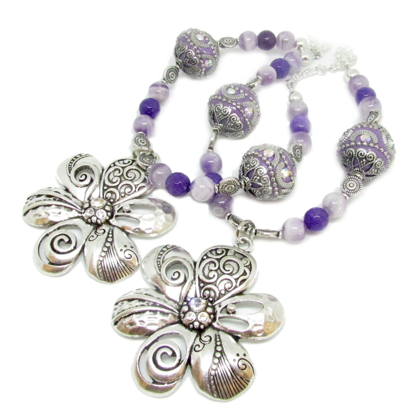 Purple Flower Curtain Tiebacks – Amethyst Bead Shabby Chic Window Decor, Handmade Set of 2