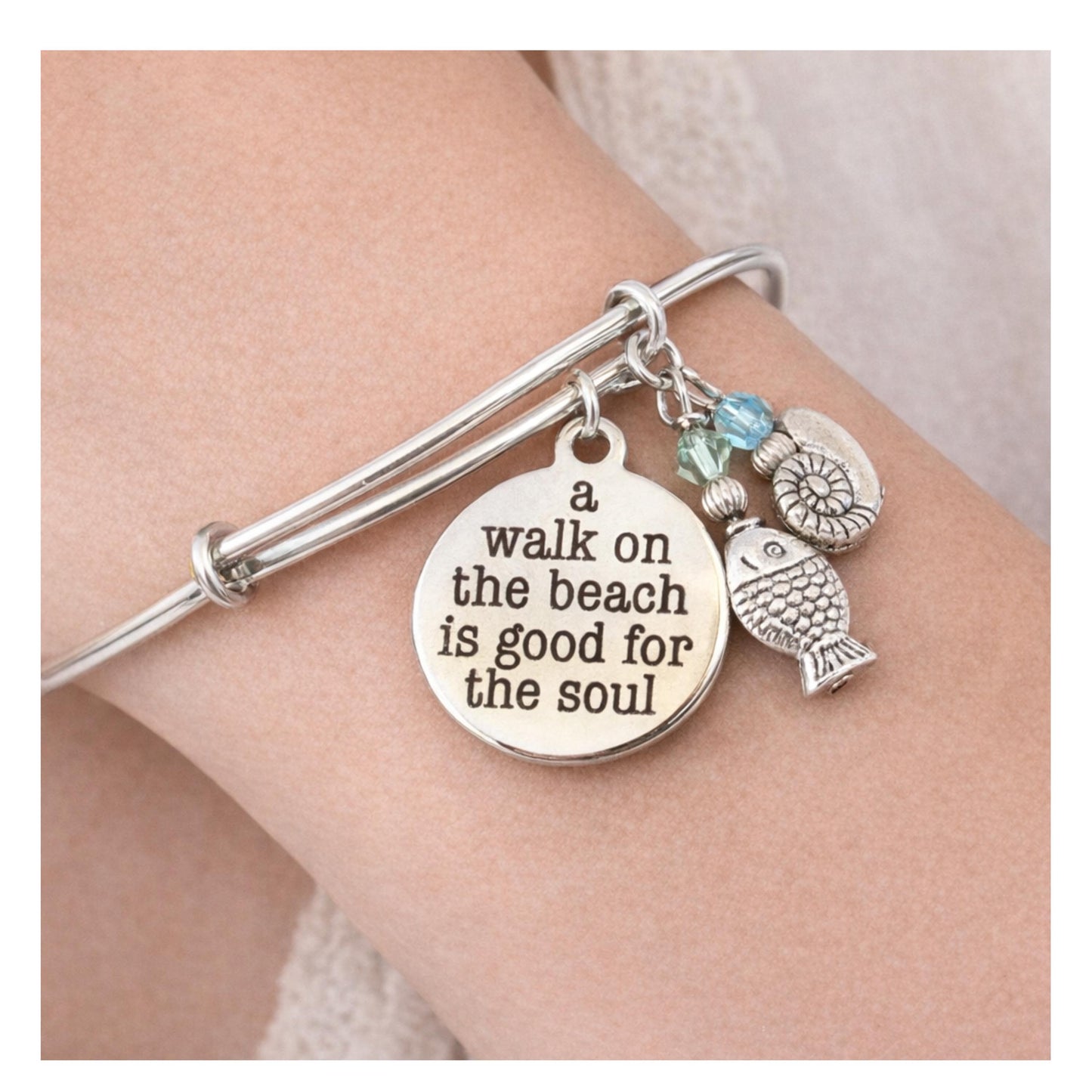Handmade beach charm bangle bracelet with inspirational soul quote charm, snail shell and fish charms with sea crystal accents