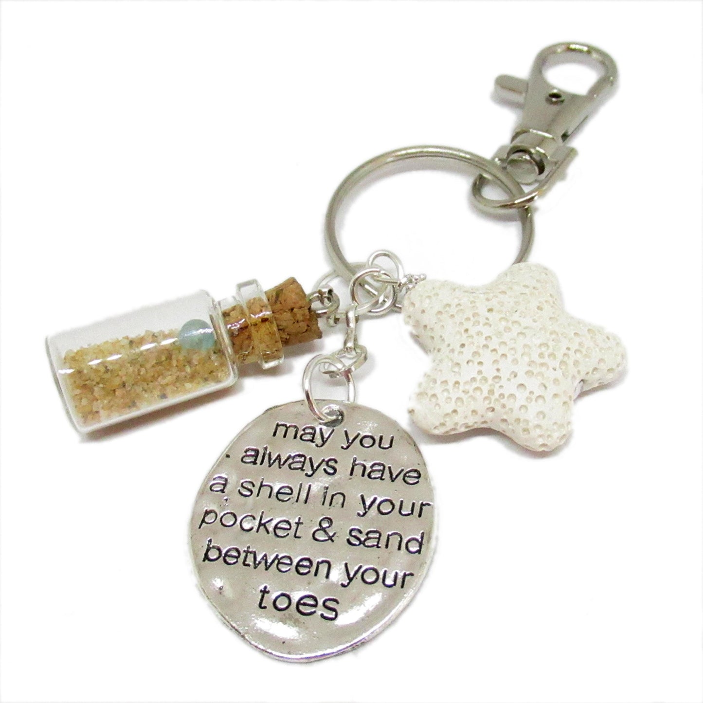 Beach Bottle Keychain – Sand Vial, Starfish Charm & Inspirational Quote, Coastal Ocean Gift