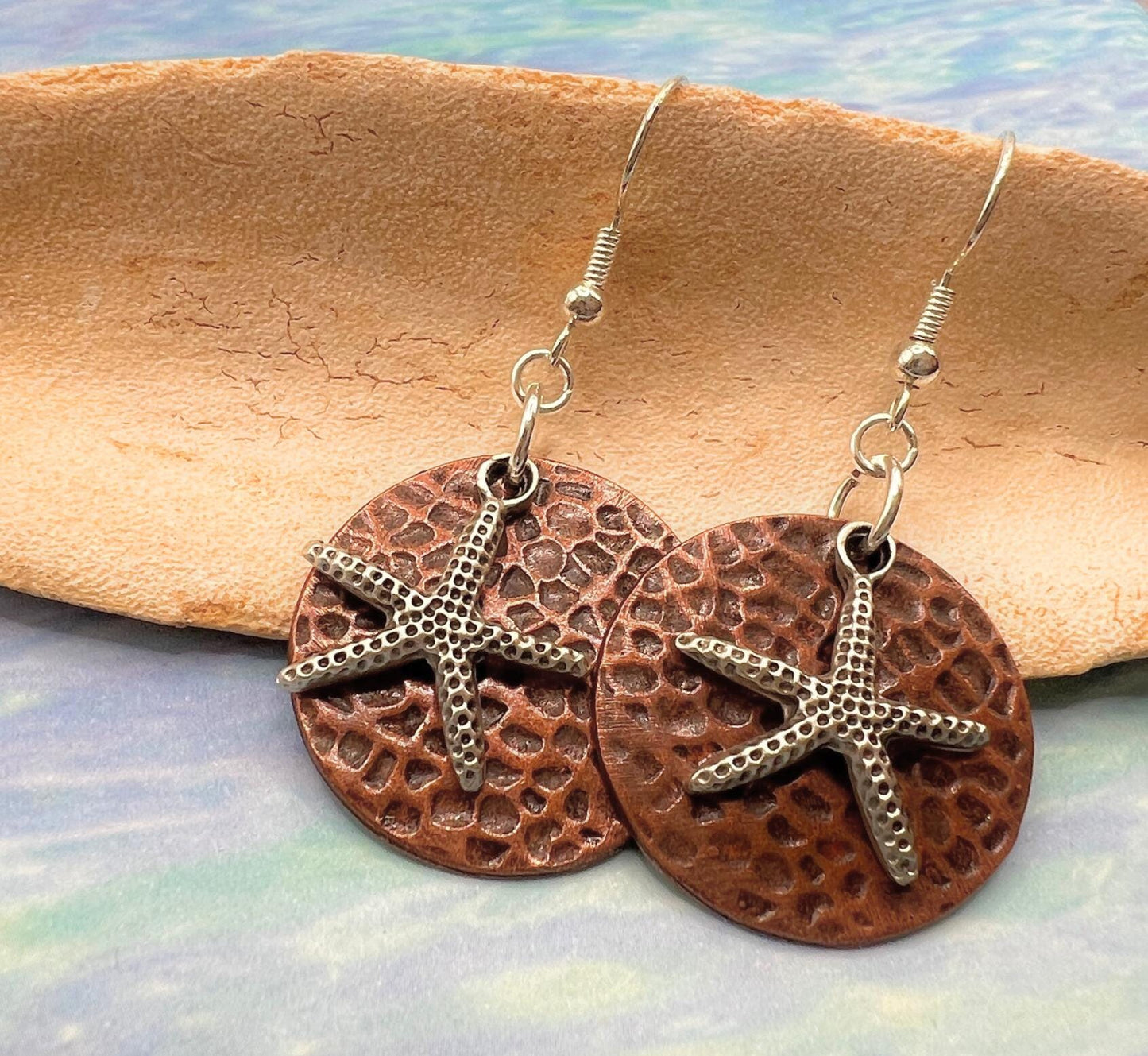 Starfish Hammered Copper Dangle Earrings – Rustic Boho Beach Jewelry Gift