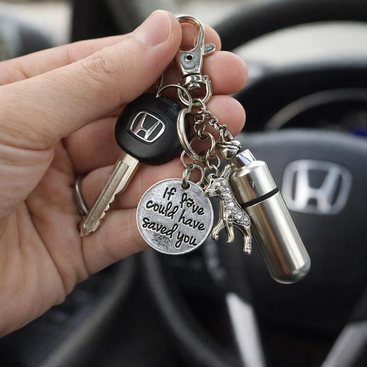 Handmade dog memorial keychain with aluminum pet ashes urn and rhinestone dog charm, heartfelt pet loss gift