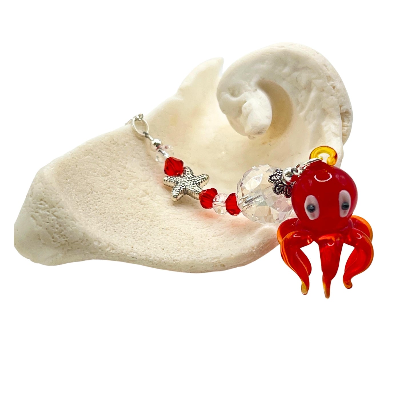 Octopus Car Charm – Red Glass Rear View Mirror Sun Catcher, Handmade Ocean Beach Gift