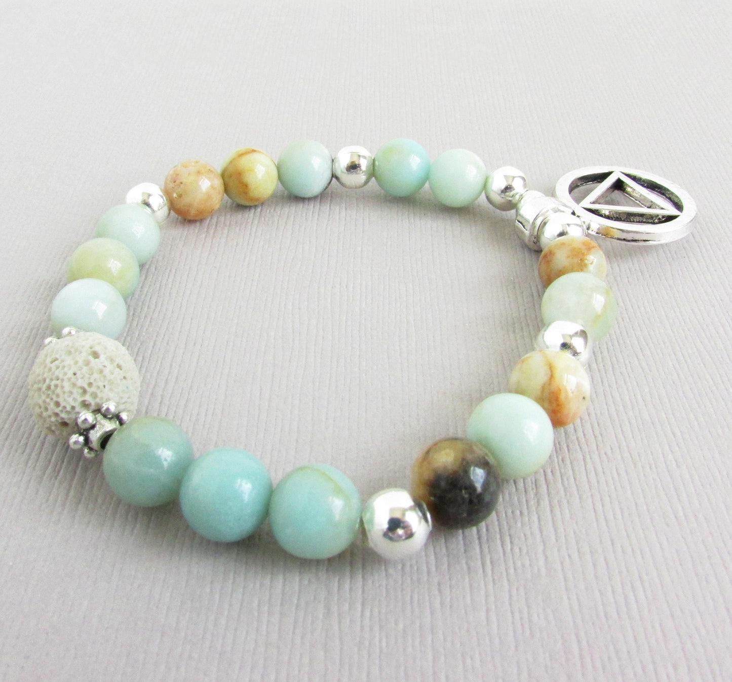Sobriety Support Bracelet – Natural Amazonite & Lava Bead AA Jewelry, Recovery Gift (AA Symbol or Let Go Let God)