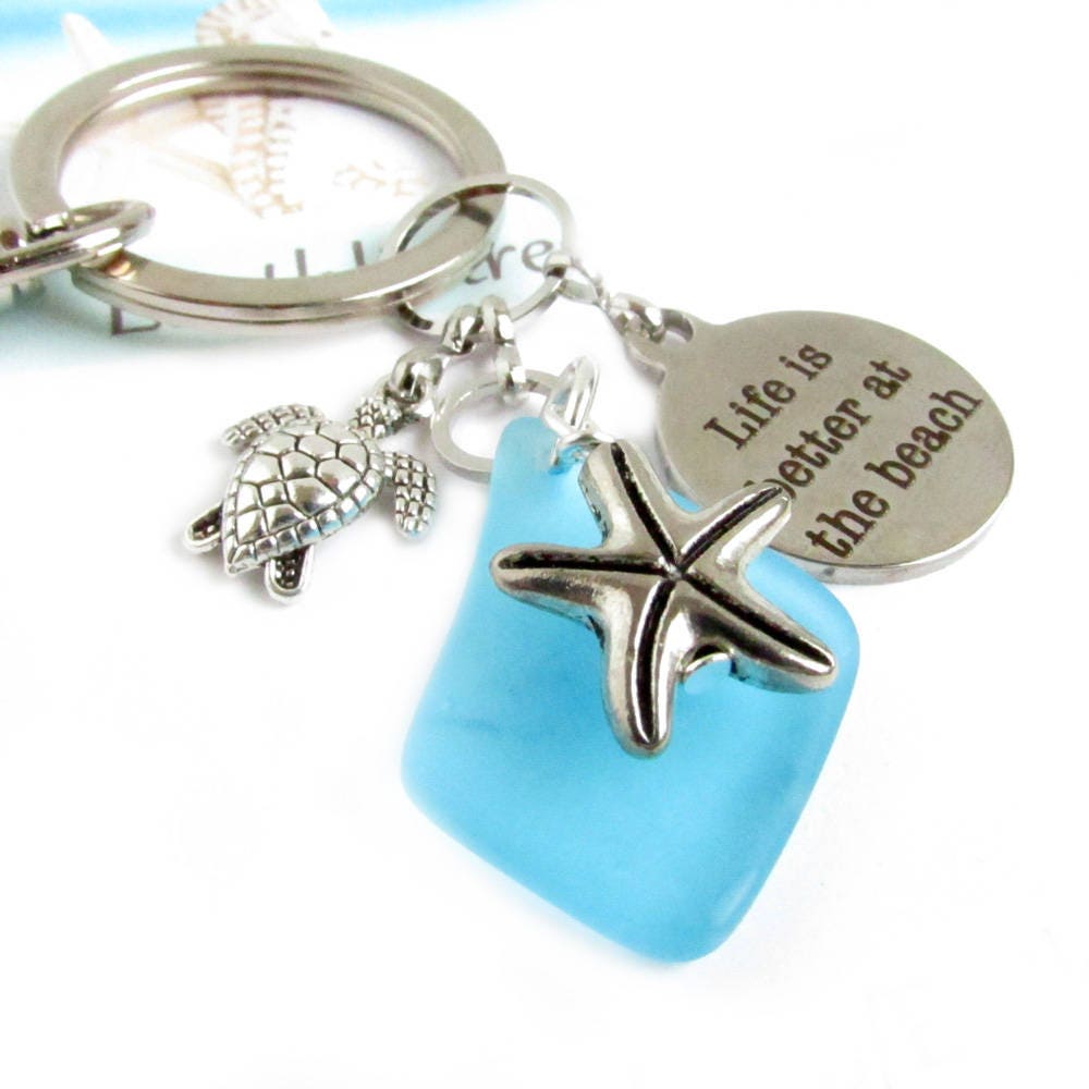Starfish Keychain with Sea Glass Bead & Turtle Charm – Beach Lover Gift