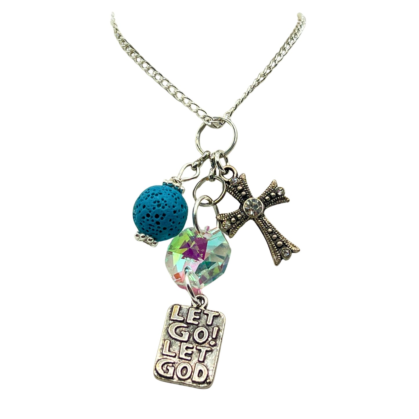 Cross Car Charm – Let Go Let God Rear View Mirror Dangle with Lava Bead Diffuser, Faith & Sobriety Gift