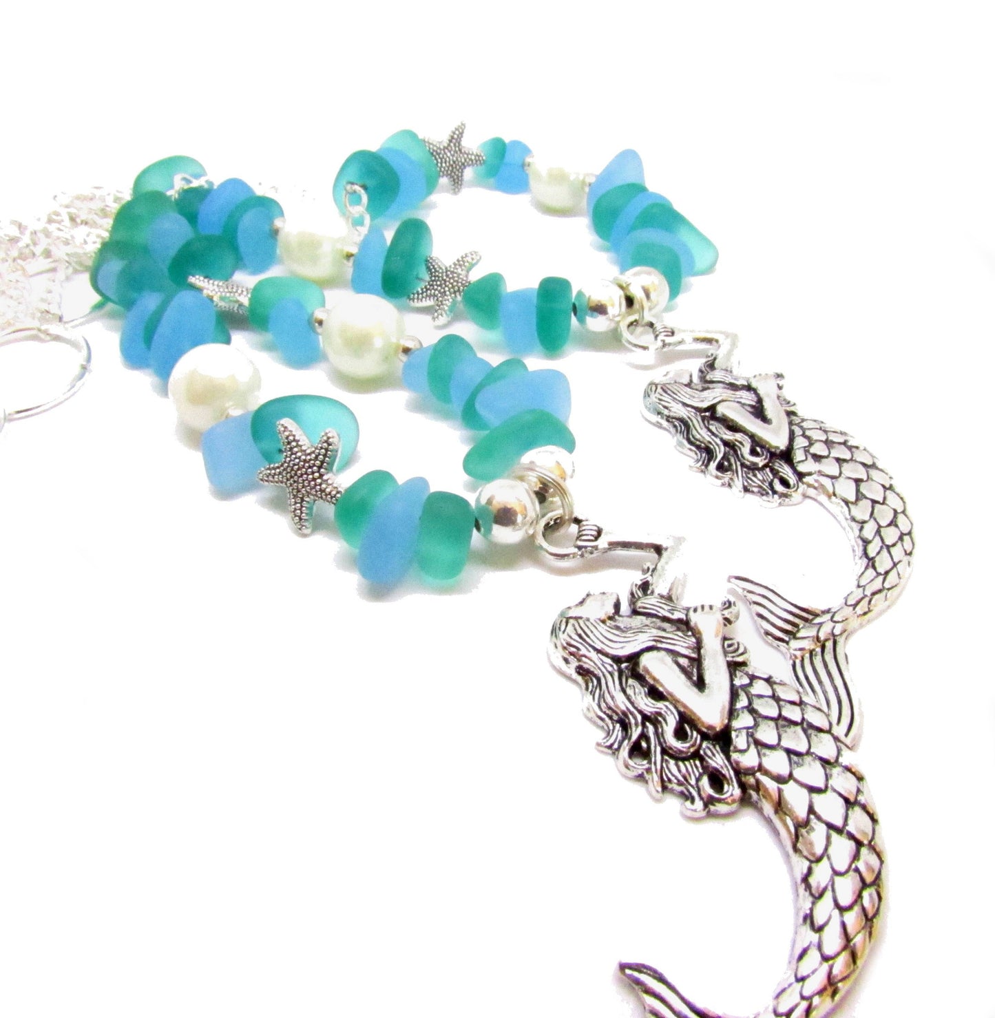 Mermaid Curtain Tiebacks – Sea Glass & Pearl Beaded Beach Home Decor, Handmade Set of 2