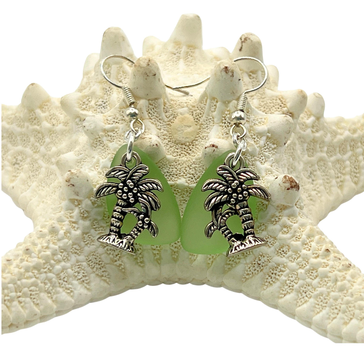 Palm Tree Dangle Earrings - Sea Glass Beach Jewelry