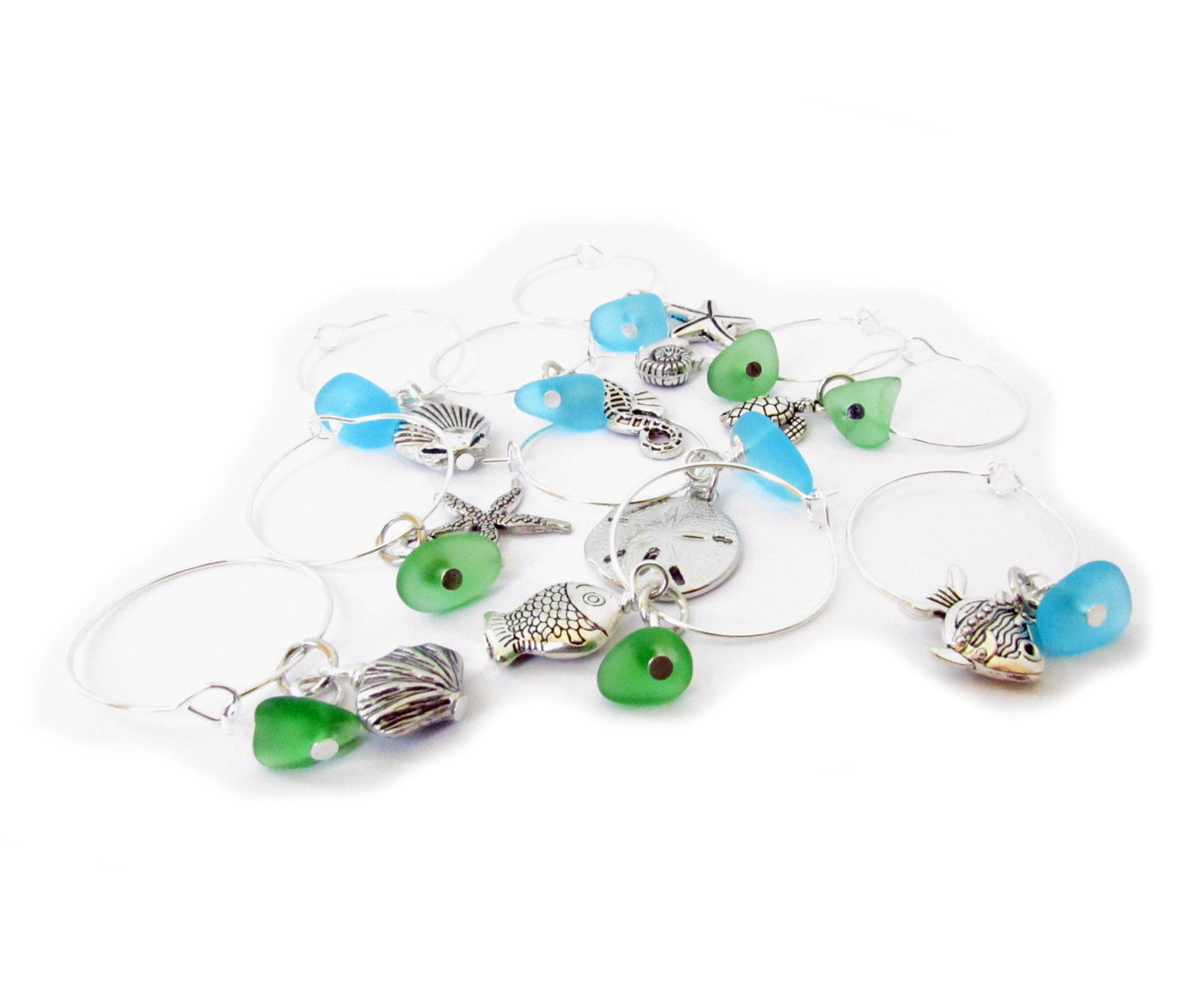 Sea Glass Wine Charm Set – Nautical Beach Charms with Starfish, Turtle & Shell, Set of 10