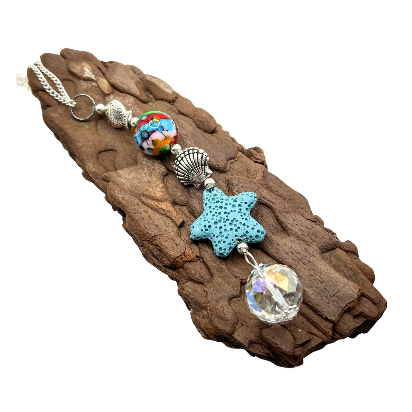 Starfish Car Charm – Beachy Rear View Mirror Diffuser with Lava Bead & Fish Charms