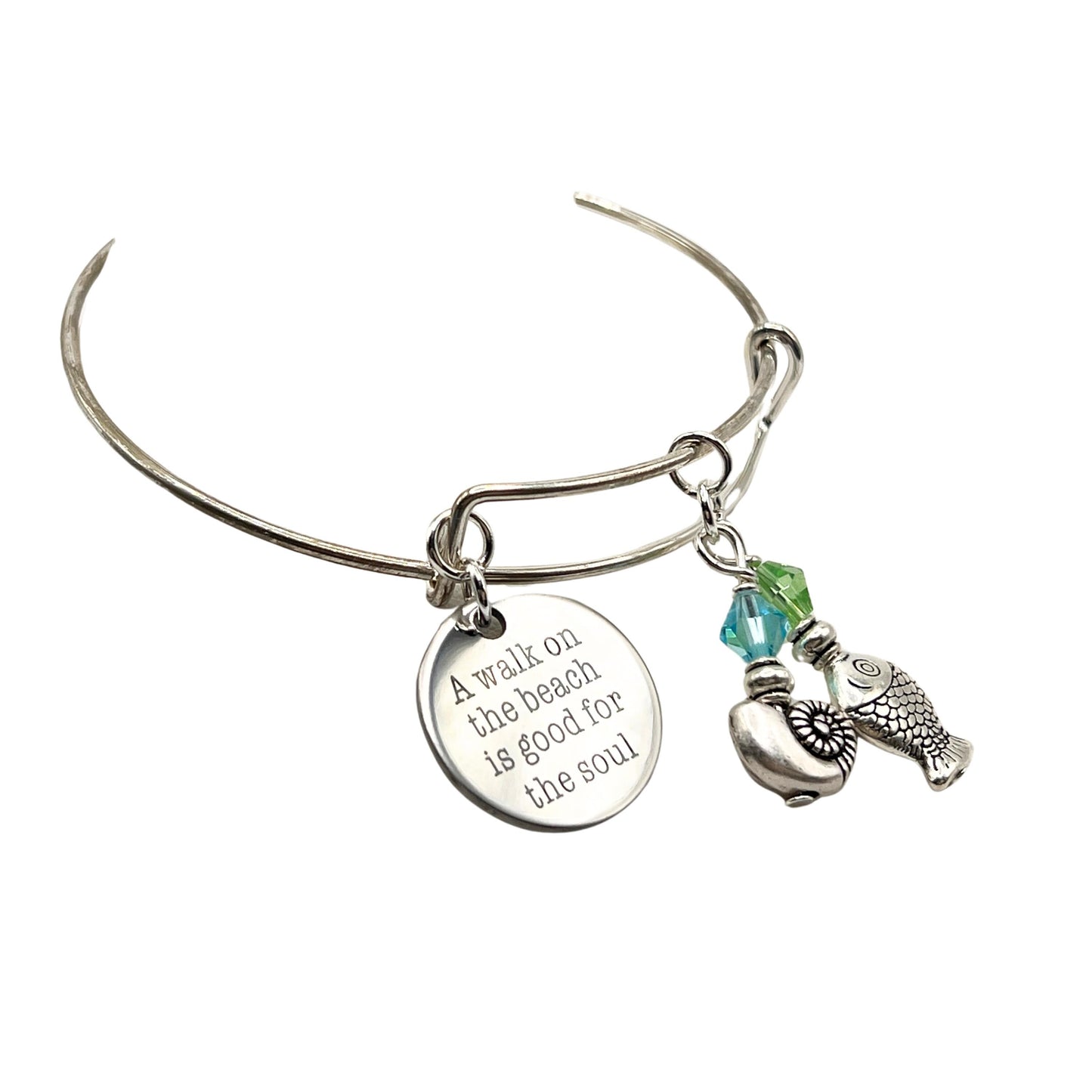 Beach Charm Bangle Bracelet – Inspirational Quote, Snail & Fish Charms, Coastal Gift for Her