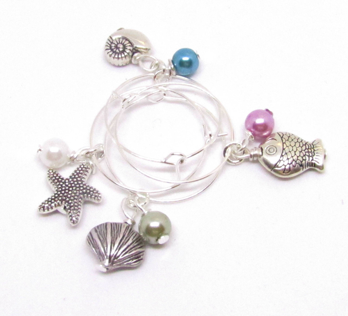 Beach Wine Glass Charms – Shell, Fish & Starfish with Pearl Beads, Coastal Hostess Gift Set of 4
