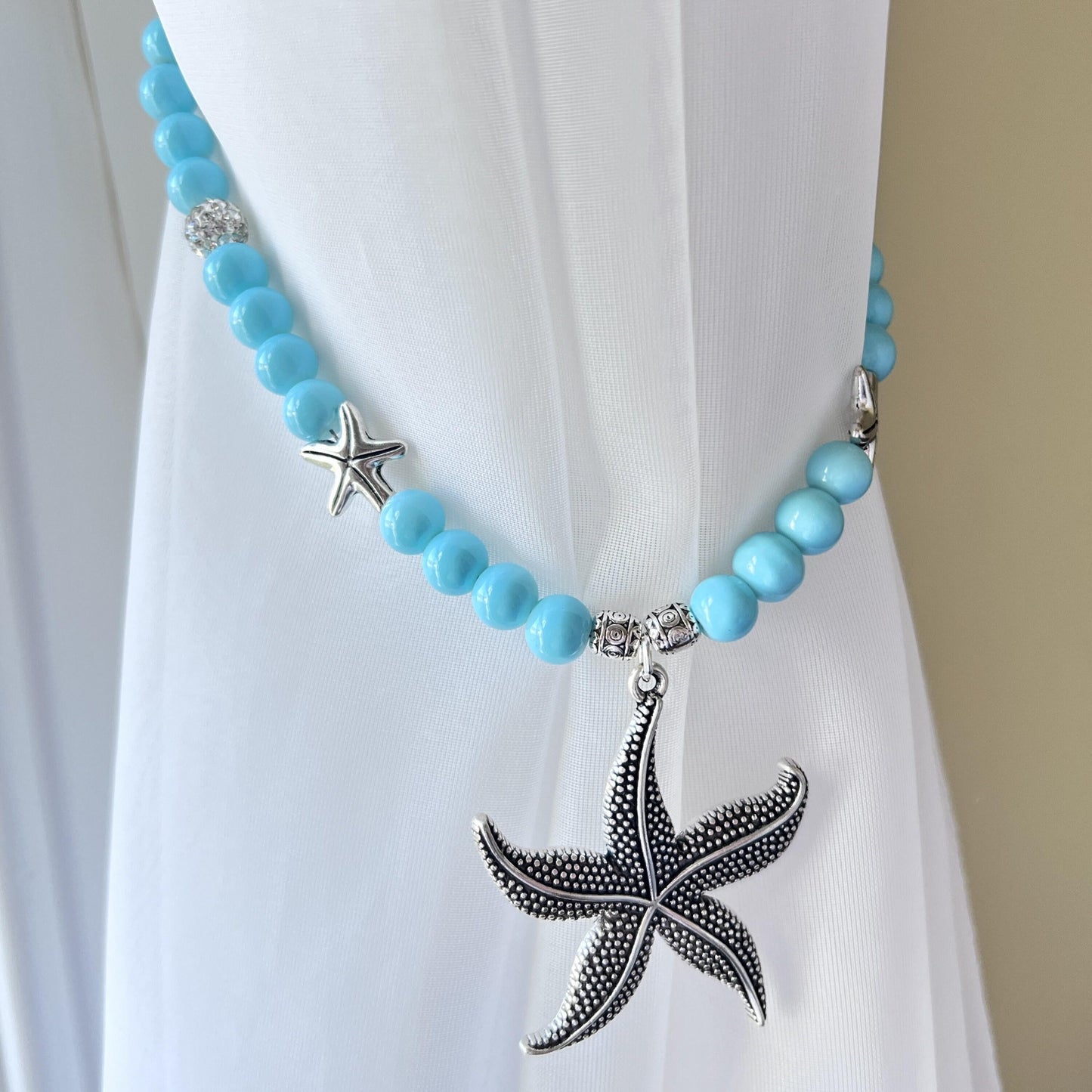 Starfish Curtain Tiebacks – Sea Green Beaded Coastal Shabby Chic Decor, Set of 2