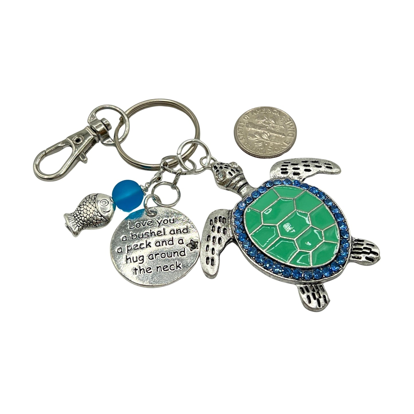 Sea Turtle Keychain with Love Quote Charm – Enamel Ocean Purse Charm & Nautical Keyring Gift