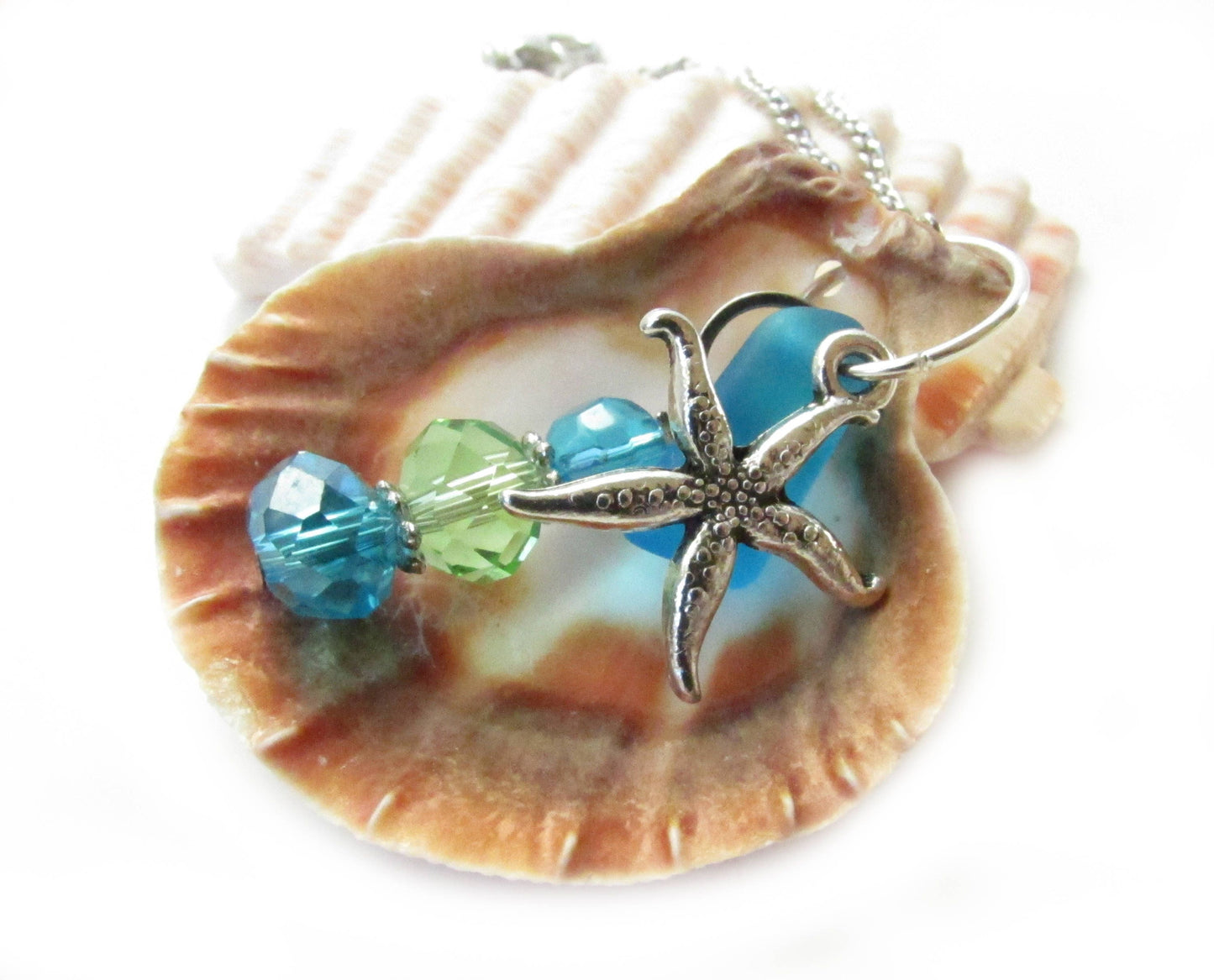 Sea Shell Rearview Mirror Charm: Starfish, Sea Glass & Crystal Car Ornament