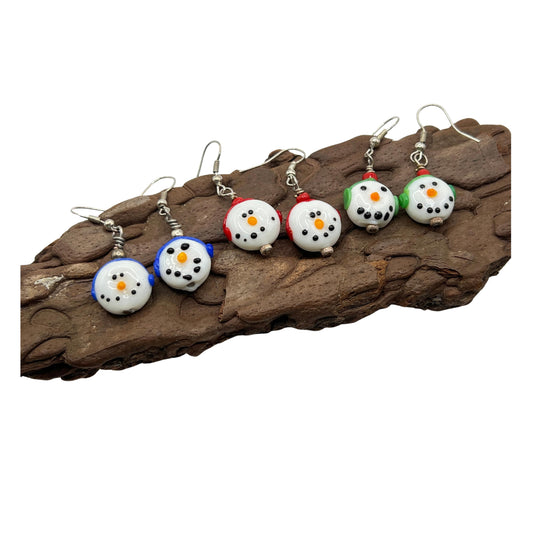 Handmade whimsical snowman earrings with colorful earmuffs in blue, green and red, fun holiday stocking stuffer