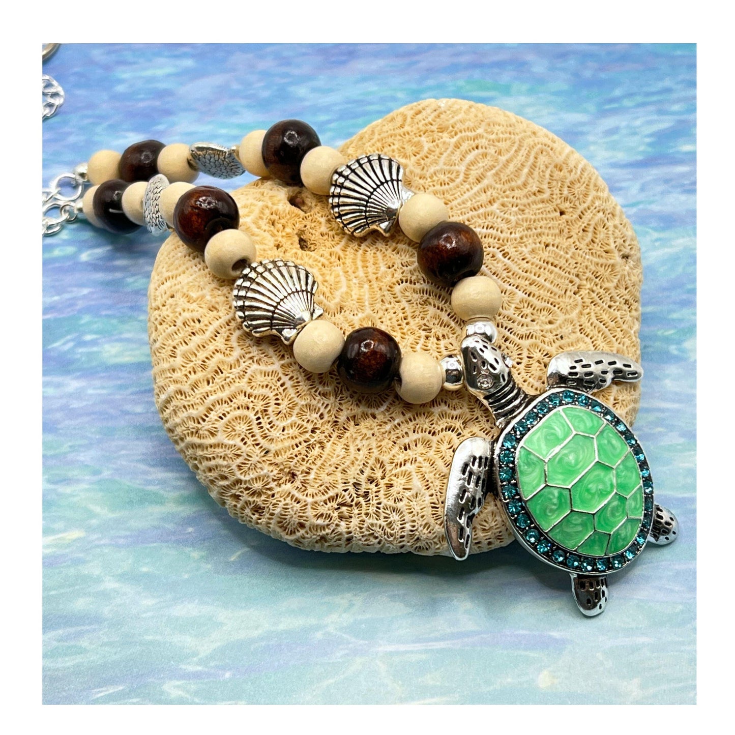 Sea Turtle Curtain Tiebacks – Wood Bead & Shell Coastal Beach Home Decor, Handmade Set of 2