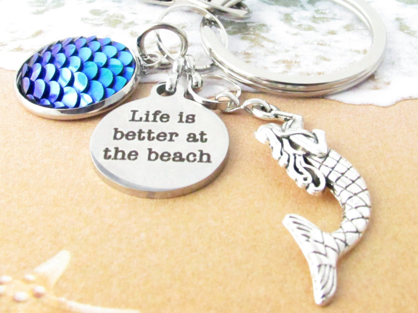Mermaid Keychain – Life Is Better at the Beach Quote Keyring, Coastal Ocean Gift