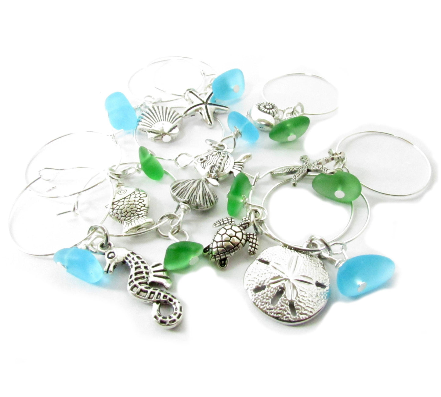Coastal wine glass charms with colored sea glass beads and beach charms, set of 10 in gift box