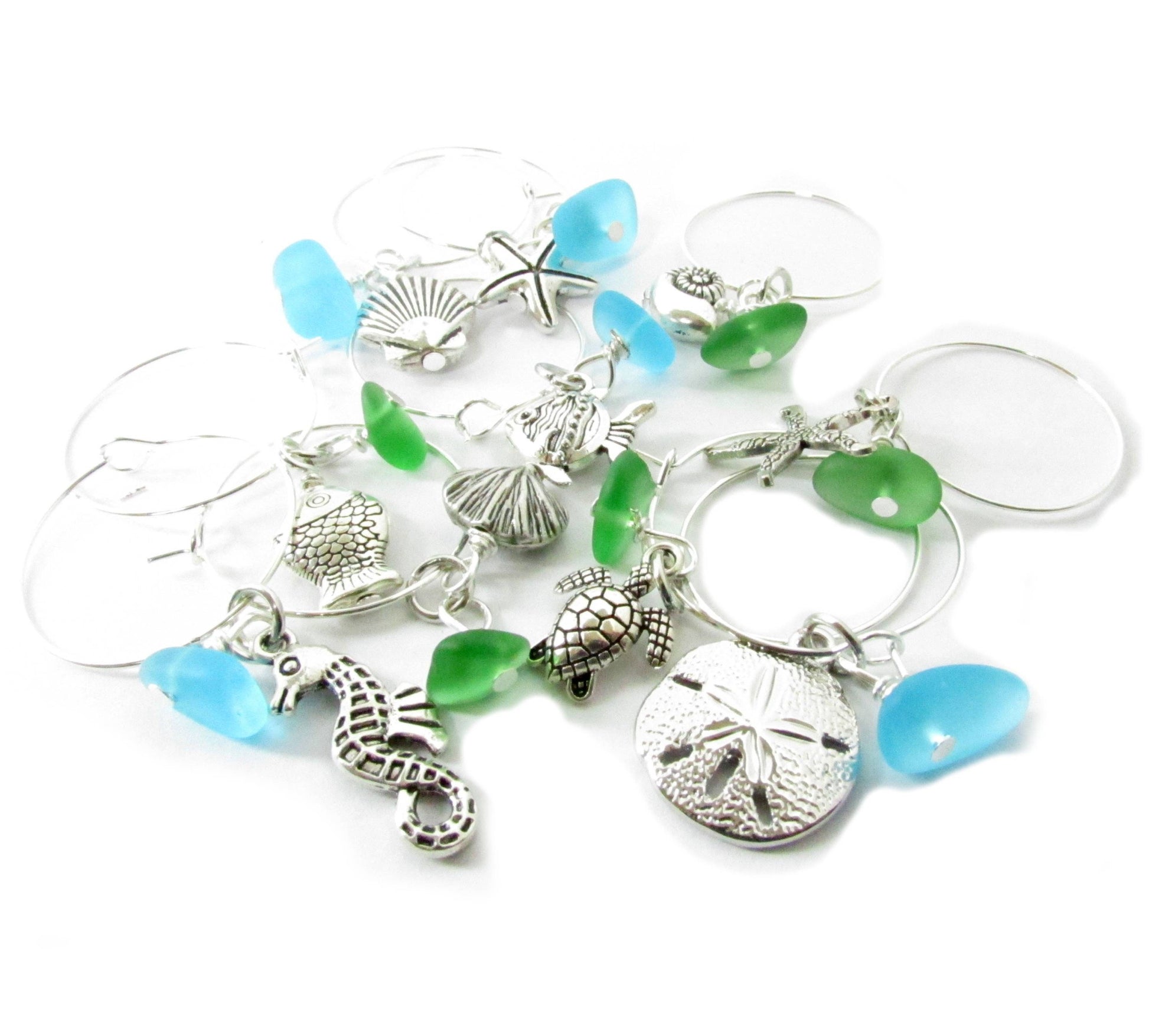Coastal wine glass charms with colored sea glass beads and beach charms, set of 10 in gift box
