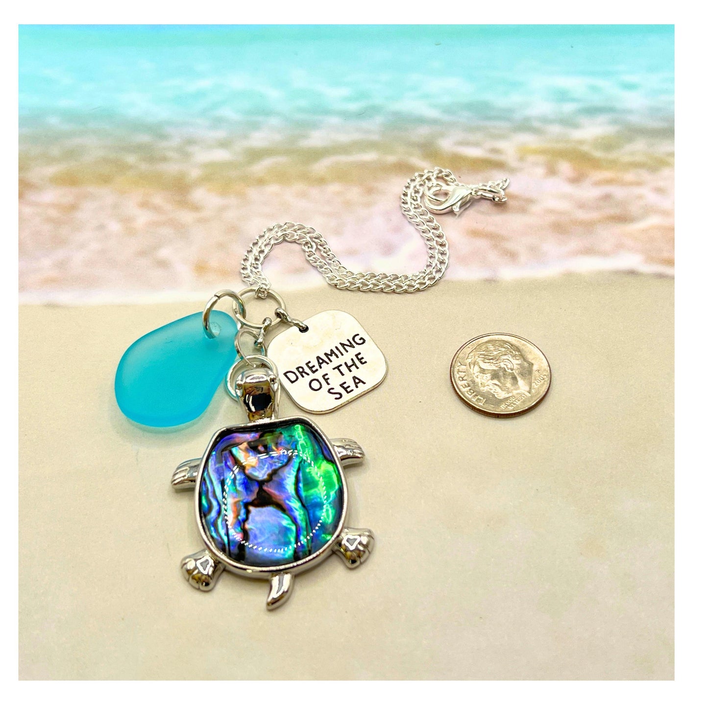 Sea Turtle Keychain – Abalone Shell, Sea Glass & Beach Quote Charm (Keychain or Car Charm)