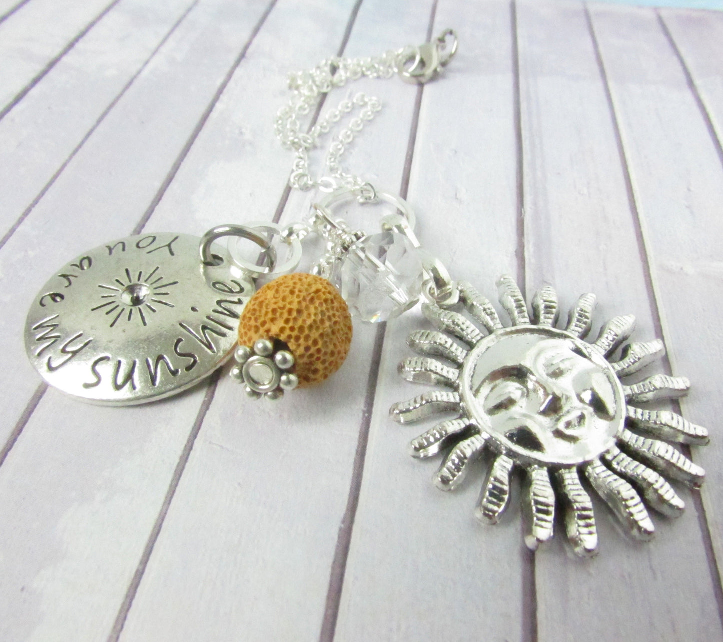 Sun Car Charm – Rear View Mirror Charm with Mustard Lava Bead & You Are My Sunshine Quote