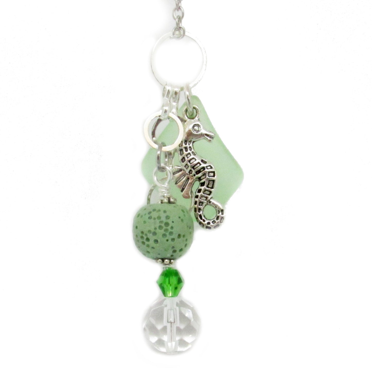 Sea Glass Car Charm – Seahorse & Lava Bead Rear View Mirror Diffuser, Coastal Aromatherapy Gift