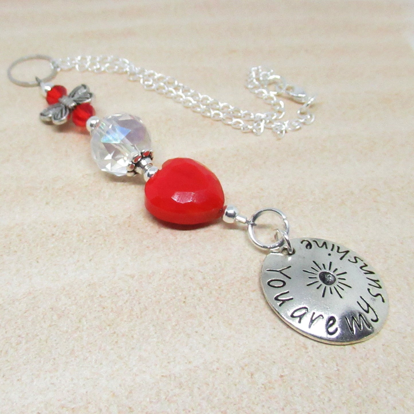 Seashell Car Charm – Rear View Mirror Sun Catcher with Crystal Heart & Sea Glass