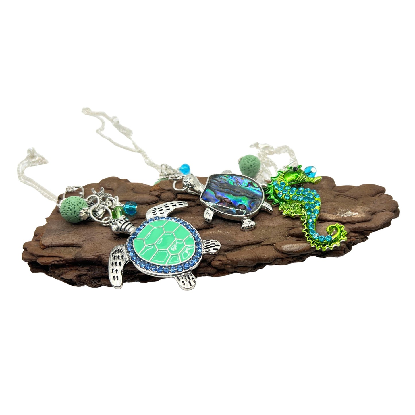 Sea Turtle Car Charm – Rhinestone Rear View Mirror Diffuser with Green Lava Bead, Choose Your Design