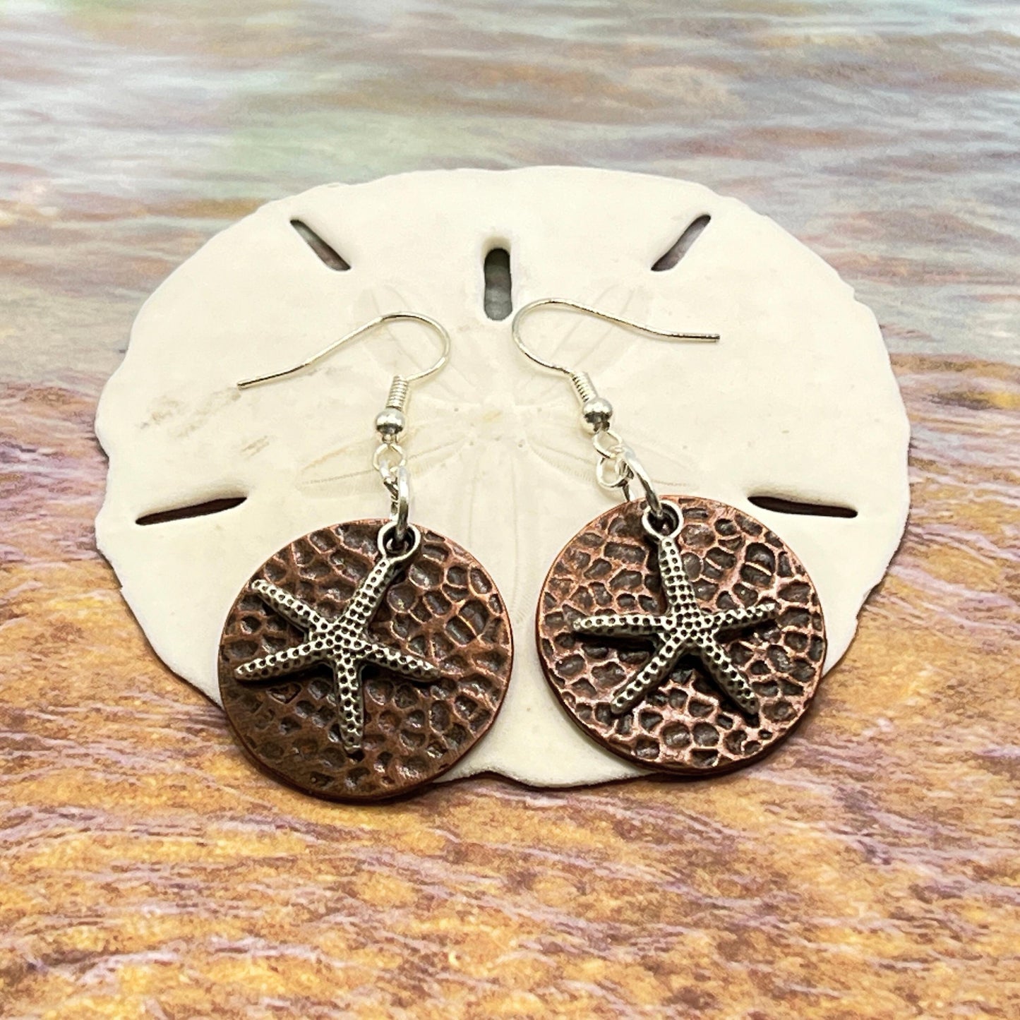 Starfish Hammered Copper Dangle Earrings – Rustic Boho Beach Jewelry Gift