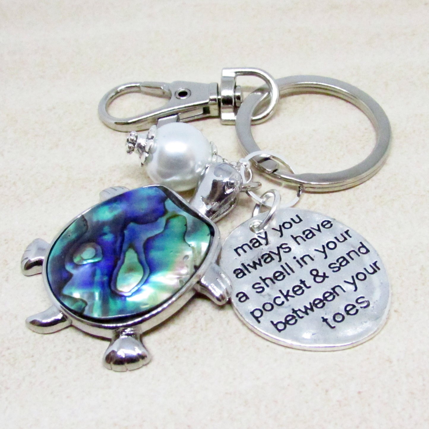 Sea Turtle Keychain – Abalone Shell Beach Bag Charm, Handmade Ocean Gift (Keychain or Car Charm)