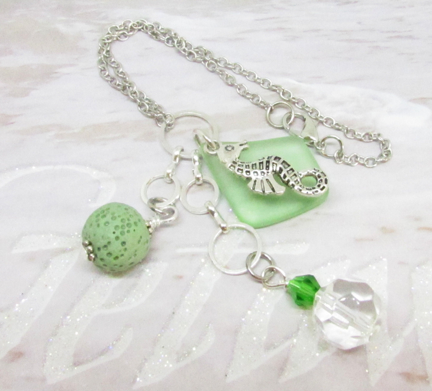 Sea Glass Car Charm – Seahorse & Lava Bead Rear View Mirror Diffuser, Coastal Aromatherapy Gift