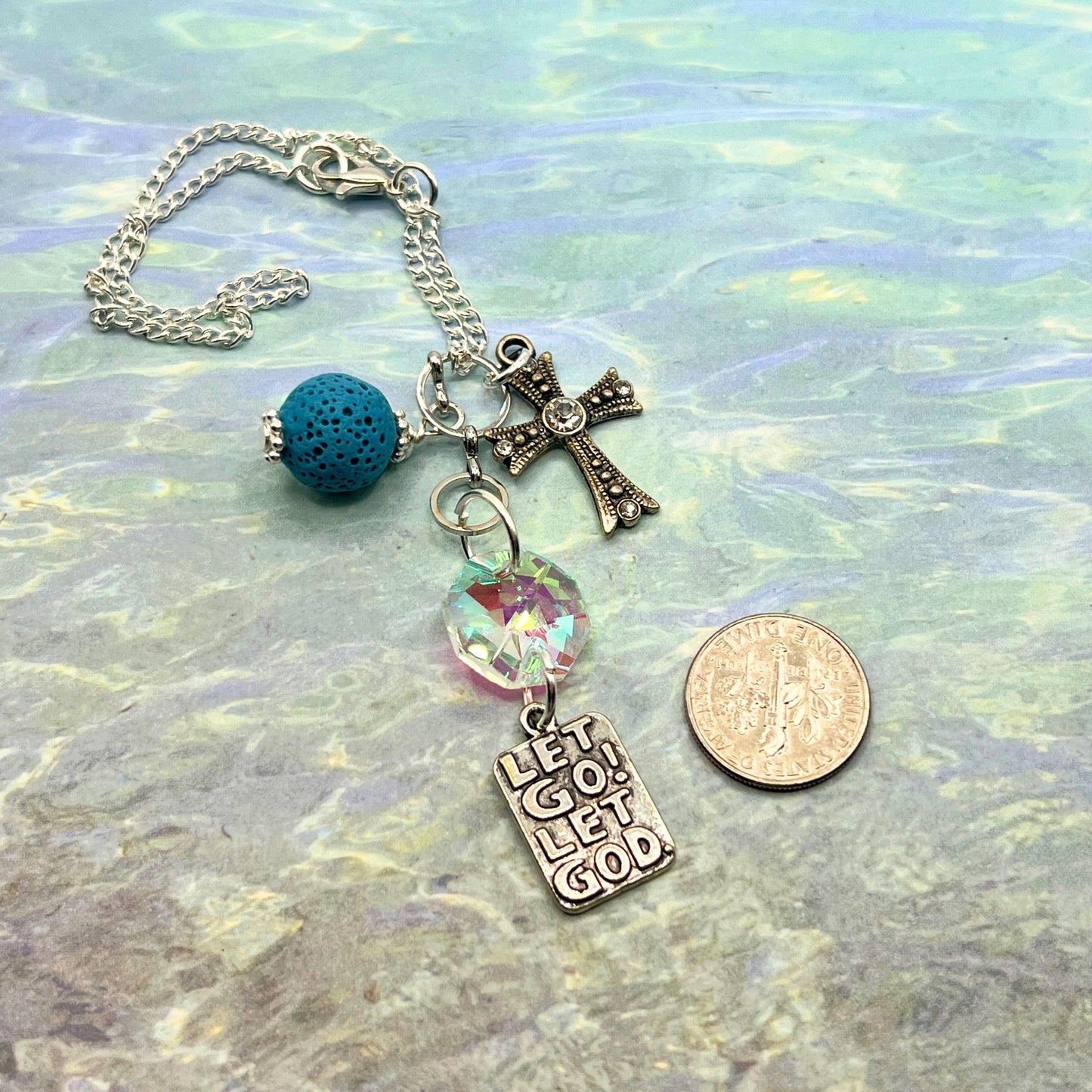 Cross Car Charm – Let Go Let God Rear View Mirror Dangle with Lava Bead Diffuser, Faith & Sobriety Gift