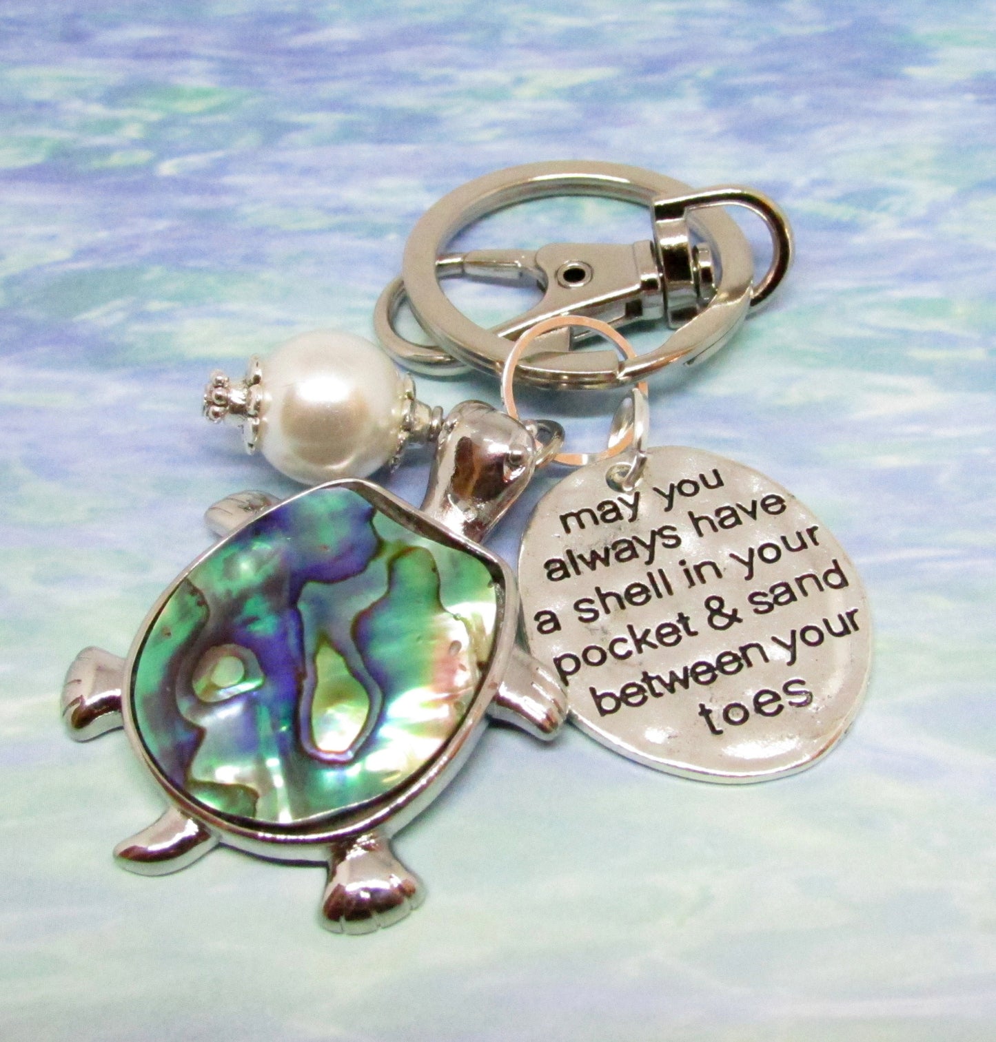 Sea Turtle Keychain – Abalone Shell Beach Bag Charm, Handmade Ocean Gift (Keychain or Car Charm)