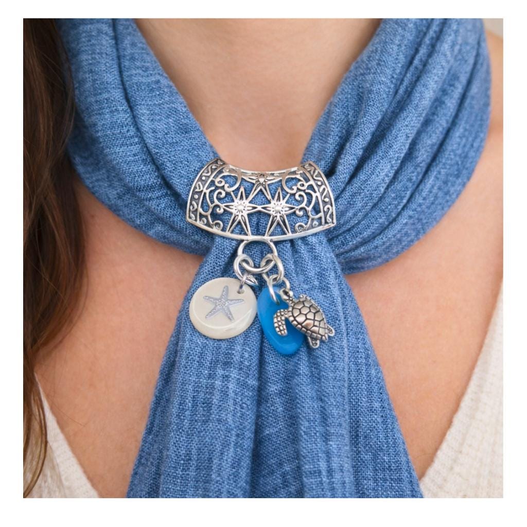 Coastal seashell scarf slide with sea turtle, starfish, and blue glass charm — handmade beach jewelry accessory