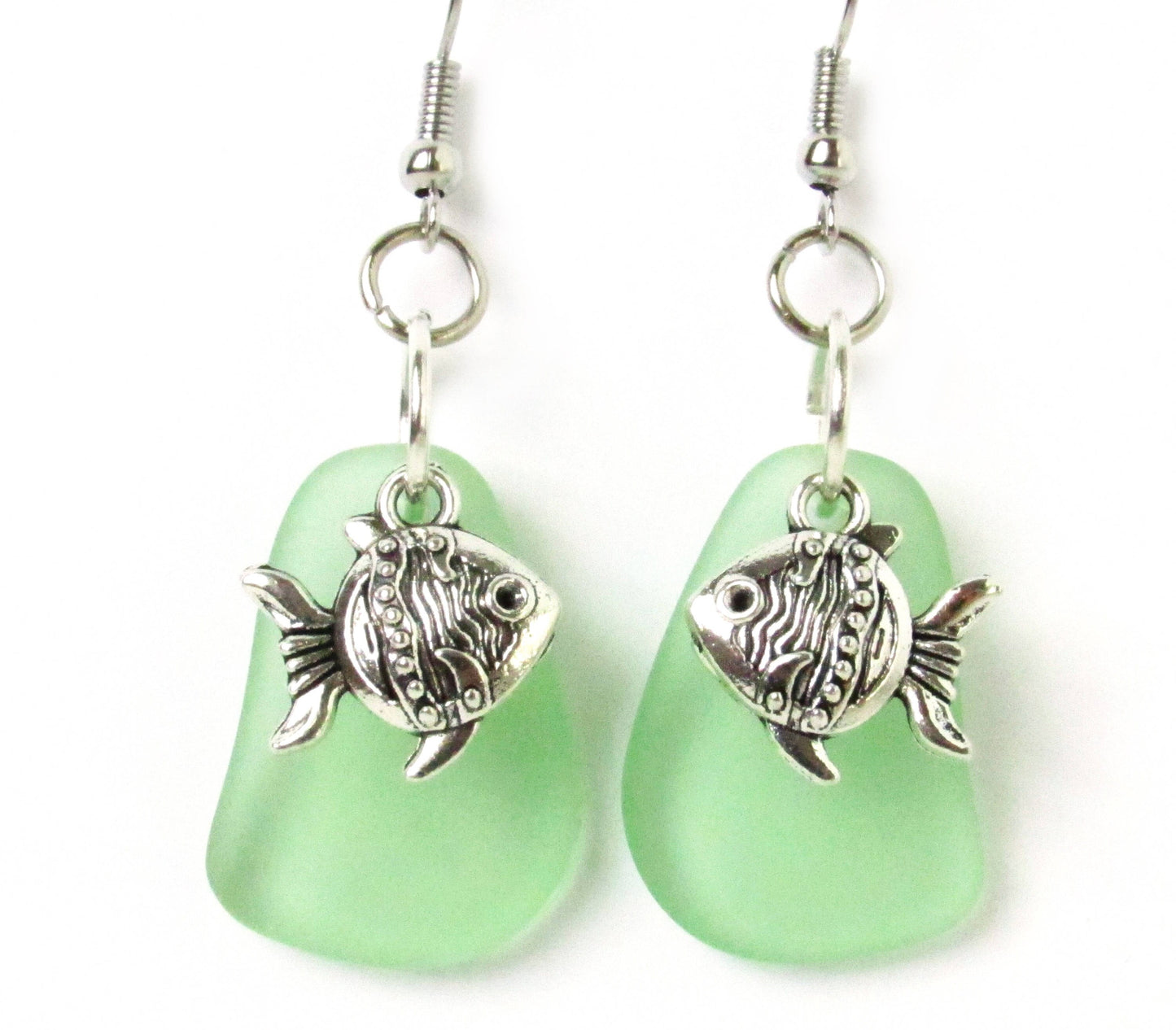 Sea Glass Goldfish Dangle Earrings – Green Eco-Friendly Coastal Beach Jewelry Gift for Her
